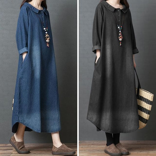 Collared Denim Long-Sleeve A-Line Maxi Gown