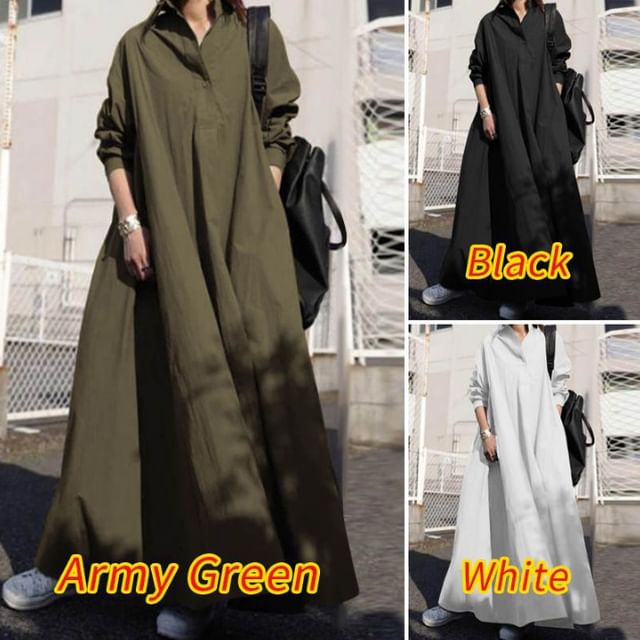 Collared Linen Long-Sleeve Plain A-Line Maxi Dress