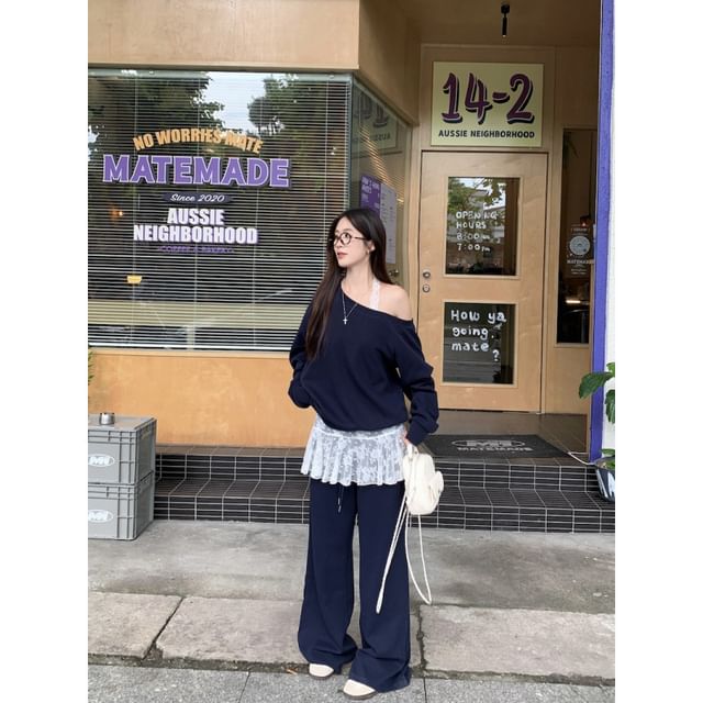 Boatneck Sweatshirt with Lace Cami and Baggy Pants