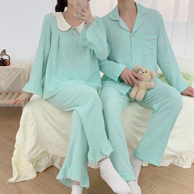 Couple Matching Pajama Set: Long-Sleeve Top + Pants