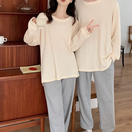 Couple Matching Pajama Set: Long-Sleeve Plain Top + Pants