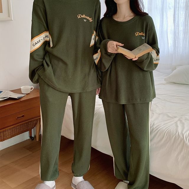 Couple Matching Pajama Set: Long-Sleeve Lettering Top + Pants
