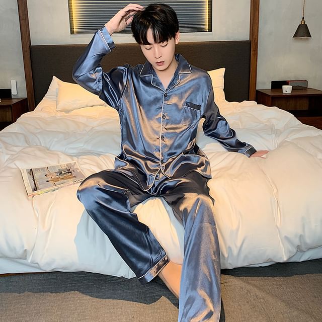 Couple Matching Pajama Set: Long-Sleeve Satin Top + Pants