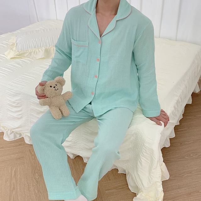 Couple Matching Pajama Set: Long-Sleeve Top + Pants