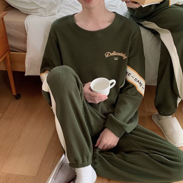 Couple Matching Pajama Set: Long-Sleeve Lettering Top + Pants