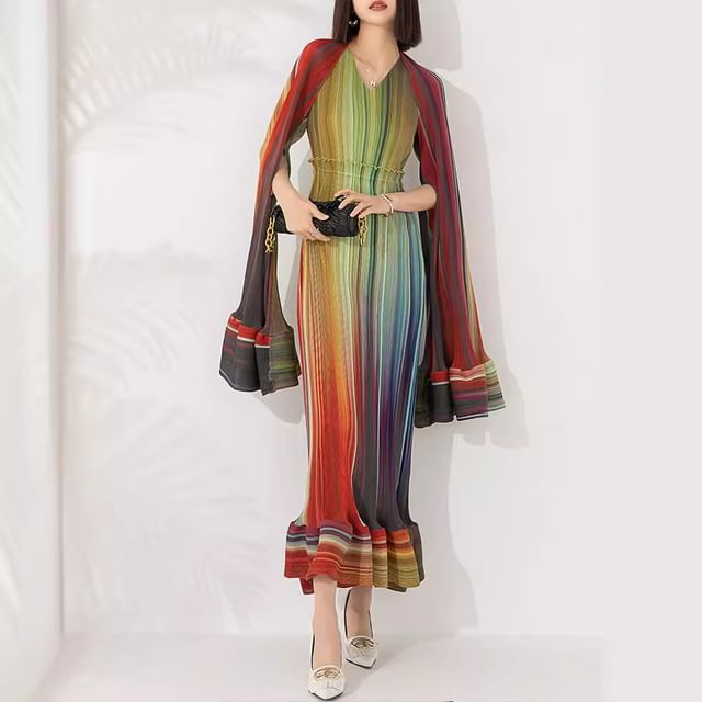 Flared-Sleeve V-Neck Striped Ruffle Sheath Maxi Dress