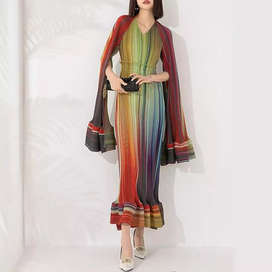Flared-Sleeve V-Neck Striped Ruffle Sheath Maxi Dress