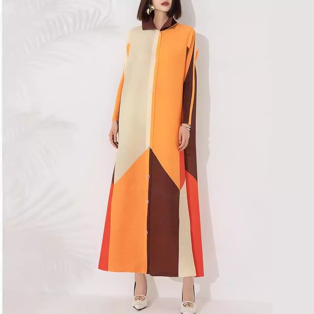 Color-Block Long-Sleeve Shirt Maxi Dress