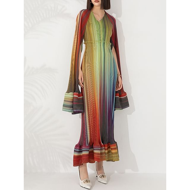 Flared-Sleeve V-Neck Striped Ruffle Sheath Maxi Dress