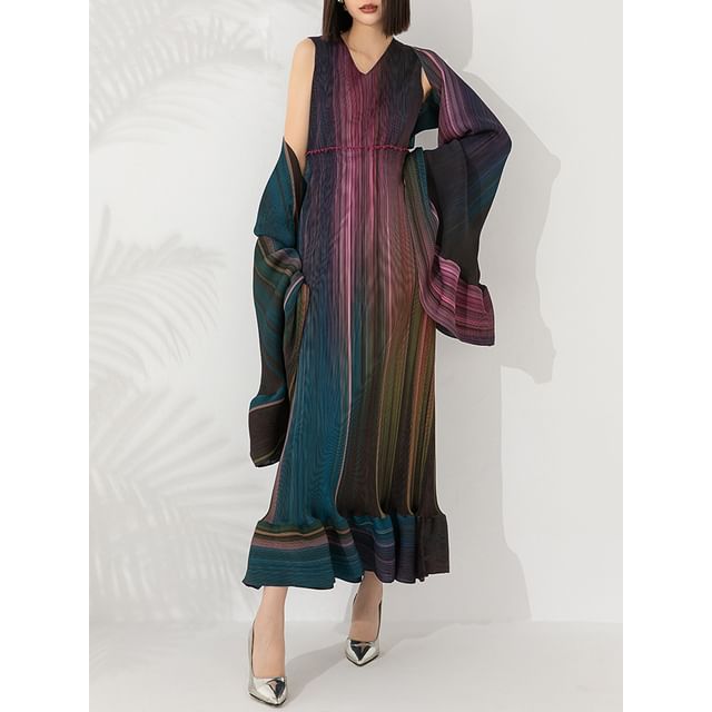Flared-Sleeve V-Neck Striped Ruffle Sheath Maxi Dress