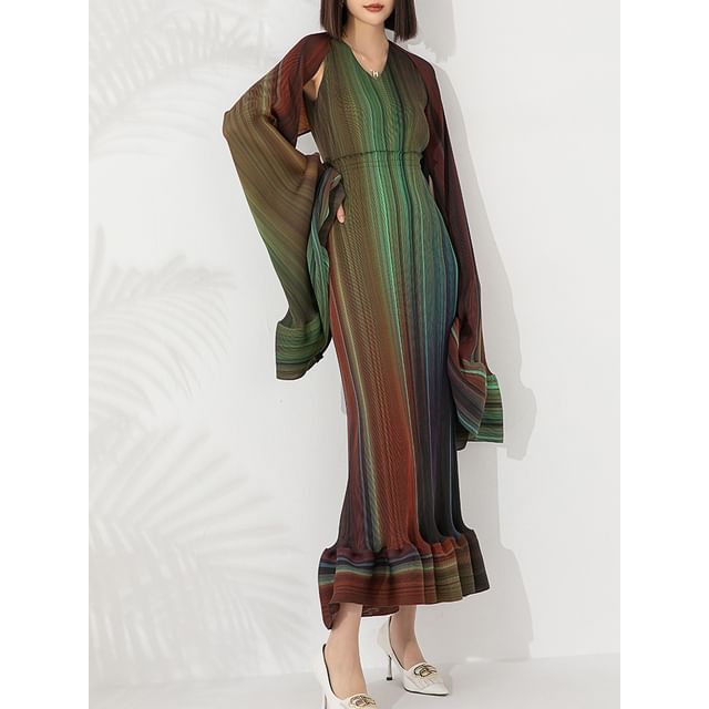 Flared-Sleeve V-Neck Striped Ruffle Sheath Maxi Dress