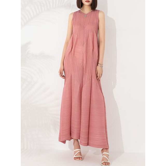 Crew Neck Ribbed Sleeveless Smock Maxi Dress