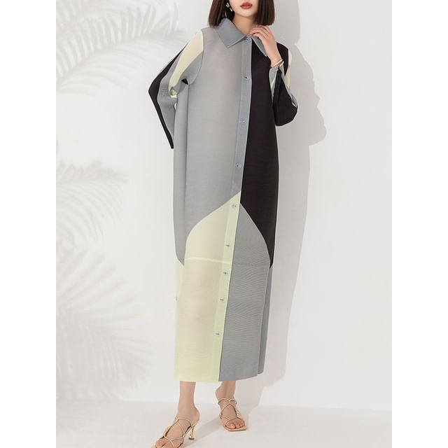 Color-Block Long-Sleeve Shirt Maxi Dress