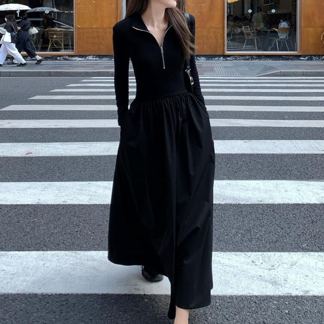 Half Zip Knit Long-Sleeve A-Line Maxi Dress