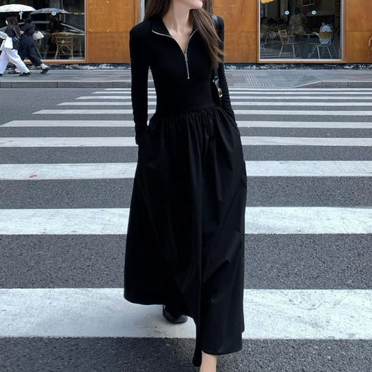 Half Zip Knit Long-Sleeve A-Line Maxi Dress