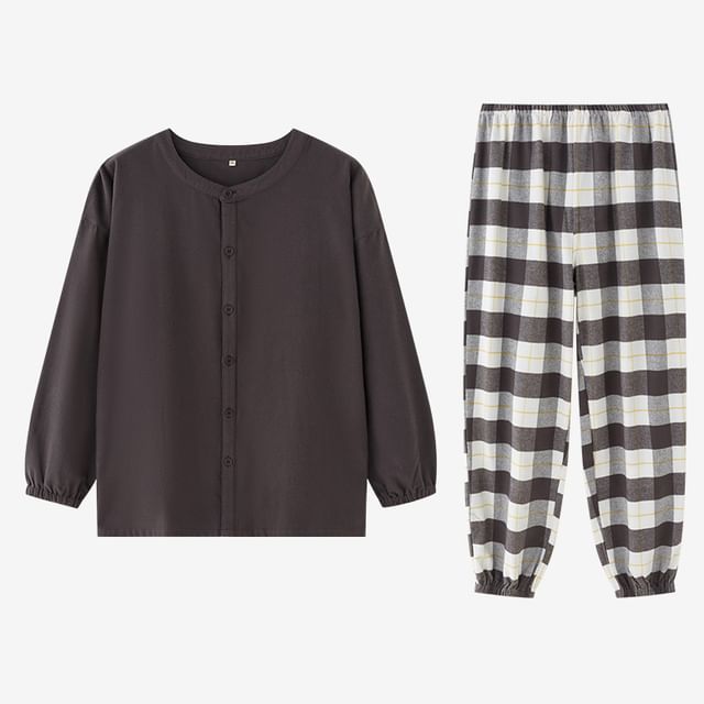 Couple Matching Pajama Set: Long-Sleeve Plaid Top + Pants