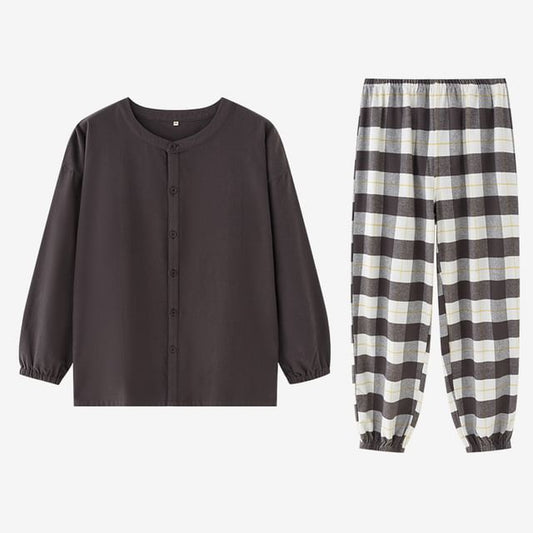 Couple Matching Pajama Set: Long-Sleeve Plaid Top + Pants