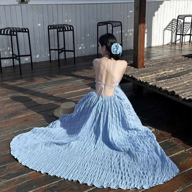 Spaghetti Strap Plain Open Back A-Line Maxi Dress