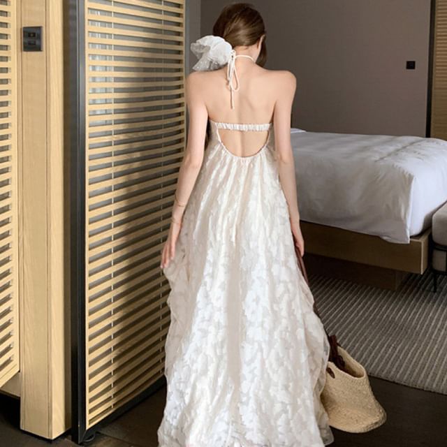 Jacquard Halter Open Back A-Line Maxi Gown