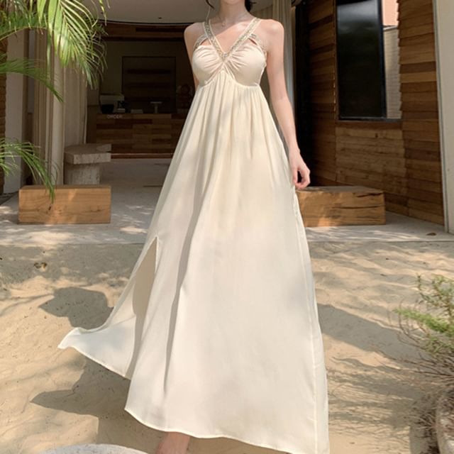V-Neck Cutout Sleeveless Slit A-Line Maxi Dress