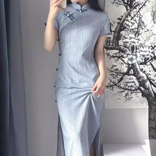 Mandarin Collar Striped Short Sleeve Bodycon Dress