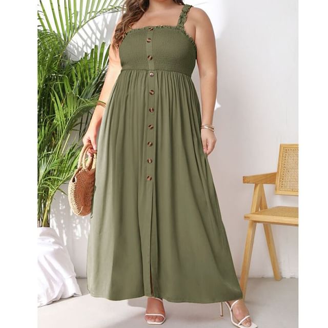 Button-Up Sleeveless Plain A-Line Maxi Dress