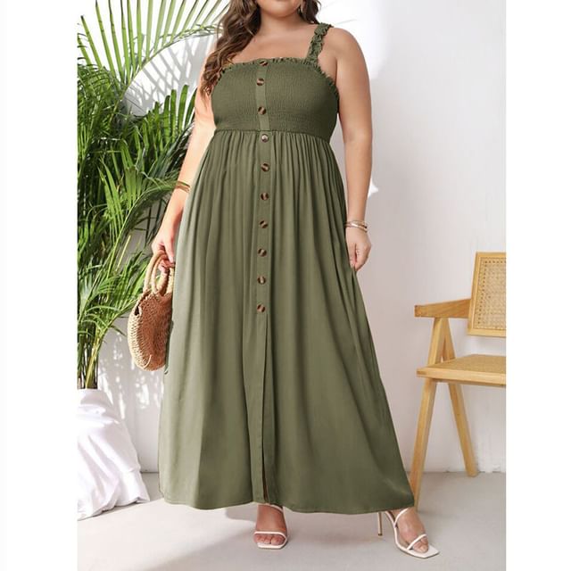 Button-Up Sleeveless Plain A-Line Maxi Dress