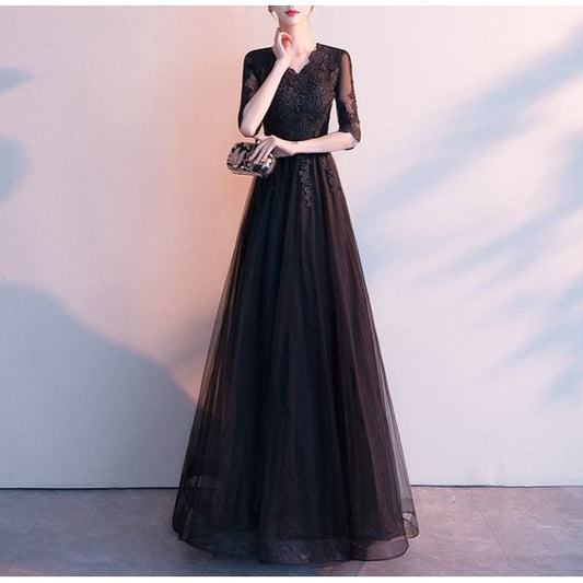 V-Neck Lace 3/4-Sleeve A-Line Evening Gown