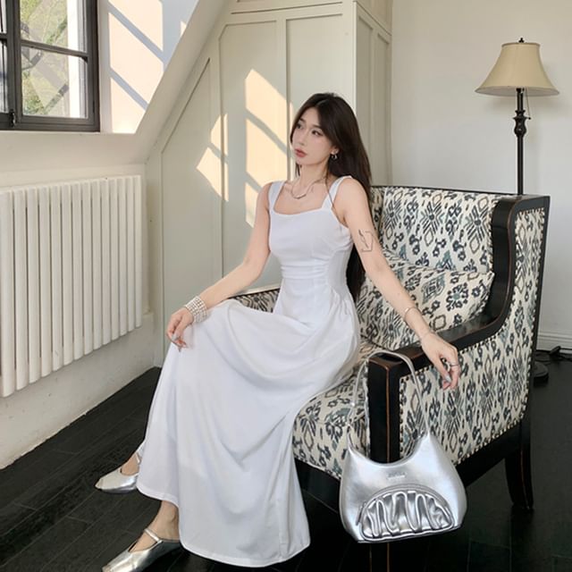 Square Neck Sleeveless Ruched A-Line Maxi Dress