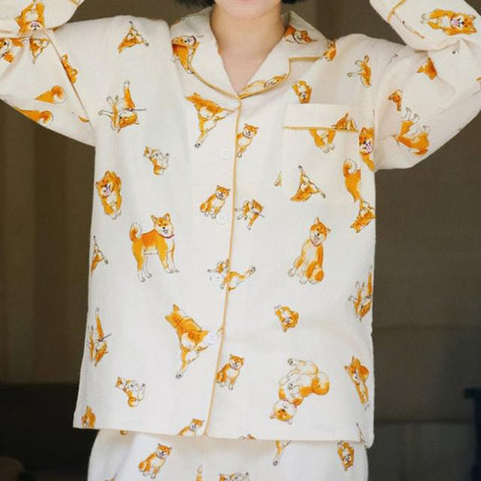 Couple Matching Pajama Set: Long-Sleeve Collar Dog Print Button Top + Pants (Various Designs)