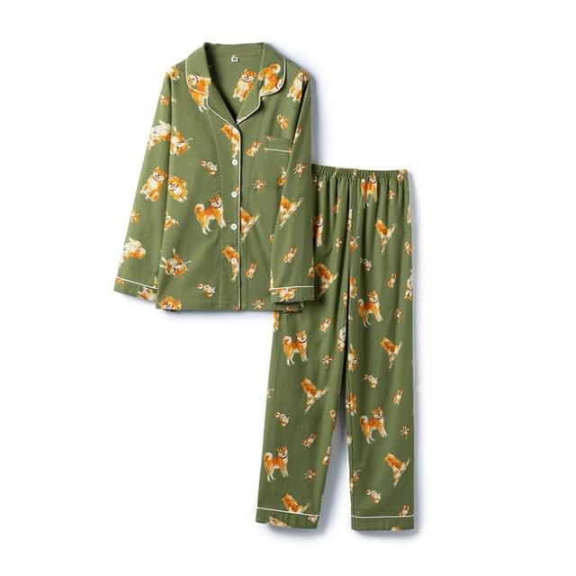 Couple Matching Pajama Set: Long-Sleeve Collar Dog Print Button Top + Pants (Various Designs)