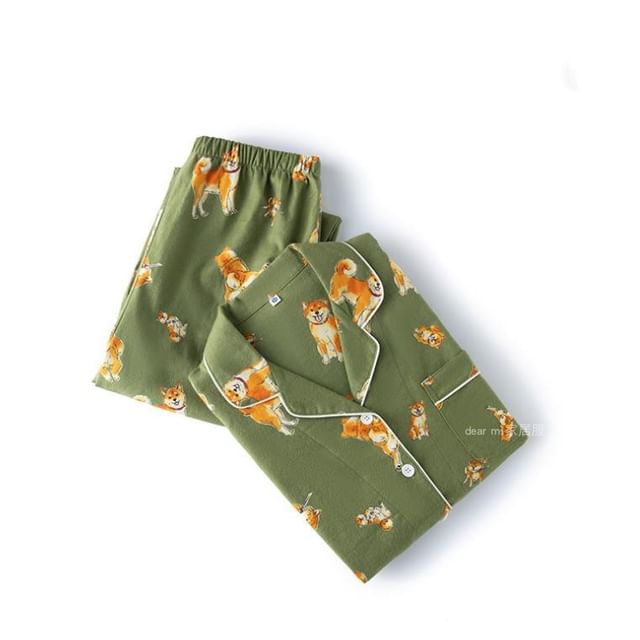 Couple Matching Pajama Set: Long-Sleeve Collar Dog Print Button Top + Pants (Various Designs)