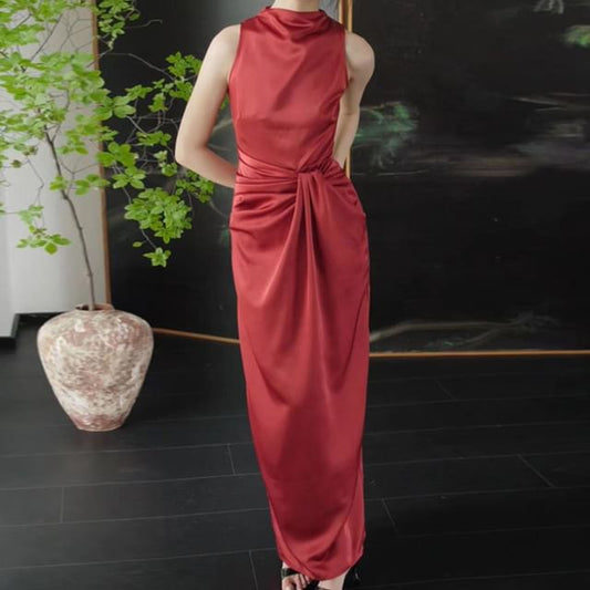 Mock Neck Sleeveless Ruched Bodycon Maxi Dress