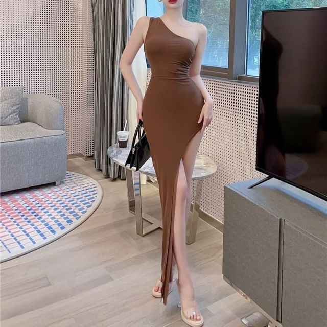 One Shoulder Sleeveless Slit Sheath Maxi Dress