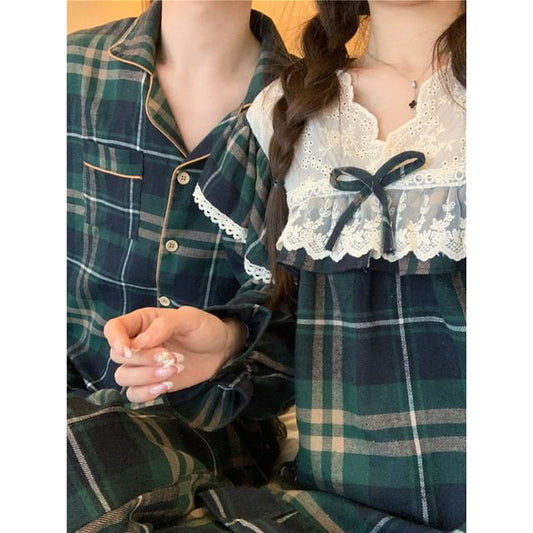 Couple Matching Long Sleeve Collared Plaid Pajama Shirt / V-Neck Bow Ruffle Panel Blouse / Straight Leg Pants / Set (Various Designs)