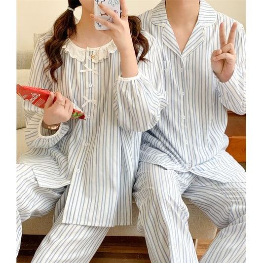 Couple Matching Long Sleeve Round Neck Striped Bow Pajama Blouse / Collared Shirt / Straight Leg Pants / Set (Various Designs)