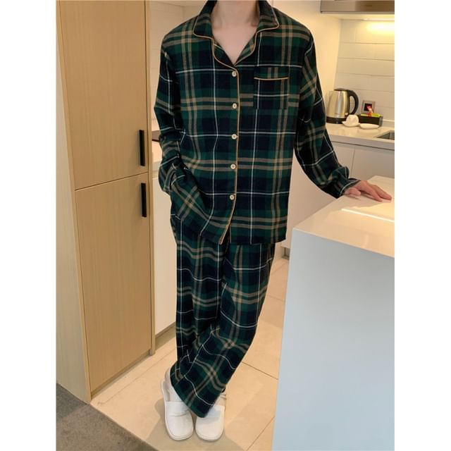 Couple Matching Long Sleeve Collared Plaid Pajama Shirt / V-Neck Bow Ruffle Panel Blouse / Straight Leg Pants / Set (Various Designs)