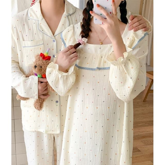 Couple Matching Long-Sleeve Dotted Button Pajama Top / Pants / Square Neck Midi Sleep Dress / Set