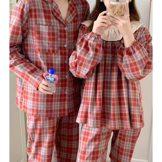 Couple Matching Long-Sleeve Plaid Pajama Top / Pants / Midi Sleep Dress / Set (Various Designs)