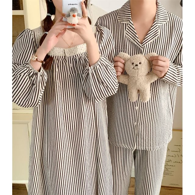 Couple Matching Long-Sleeve Striped Pajama Top / Pants / Midi Sleep Dress / Set (Various Designs)