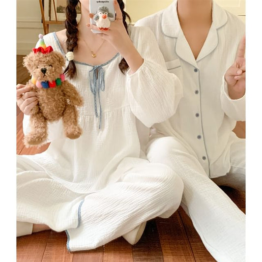 Couple Matching Long-Sleeve Contrast Trim Pajama Top / Pants / Midi Sleep Dress / Set (Various Designs)