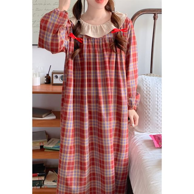 Couple Matching Long-Sleeve Plaid Pajama Top / Pants / Midi Sleep Dress / Set (Various Designs)