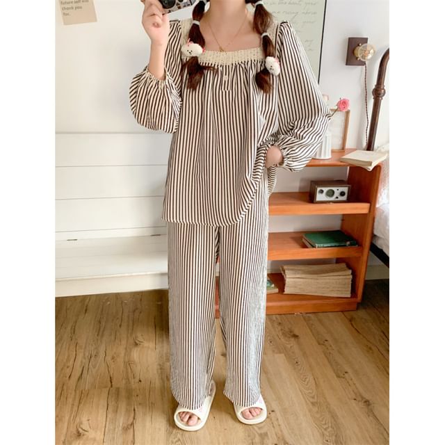 Couple Matching Long-Sleeve Striped Pajama Top / Pants / Midi Sleep Dress / Set (Various Designs)