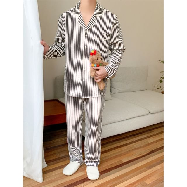 Couple Matching Long-Sleeve Striped Pajama Top / Pants / Midi Sleep Dress / Set (Various Designs)