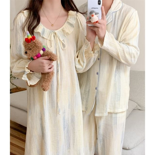 Couple Matching Long Sleeve Scoop Neck Patterned Print Ruffle Pajama Blouse / Collared Shirt / Straight Leg Pants / Pajama Dress / Set (Various Designs)