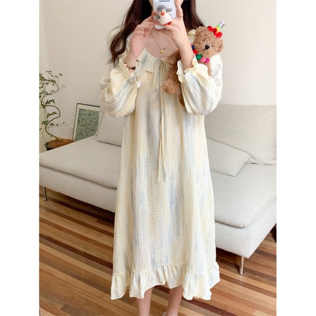 Couple Matching Long Sleeve Scoop Neck Patterned Print Ruffle Pajama Blouse / Collared Shirt / Straight Leg Pants / Pajama Dress / Set (Various Designs)