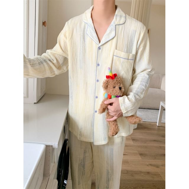 Couple Matching Long Sleeve Scoop Neck Patterned Print Ruffle Pajama Blouse / Collared Shirt / Straight Leg Pants / Pajama Dress / Set (Various Designs)