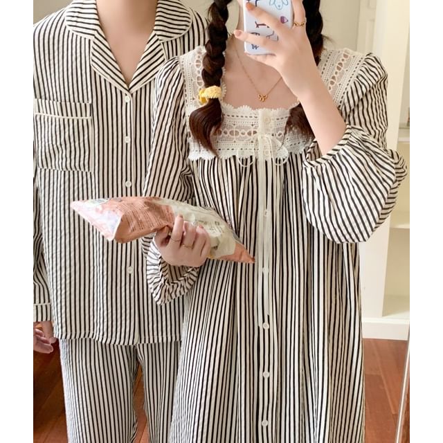 Couple Matching Long-Sleeve Striped Button Pajama Top / Pants / Square Neck Midi Sleep Dress / Set (Various Designs)