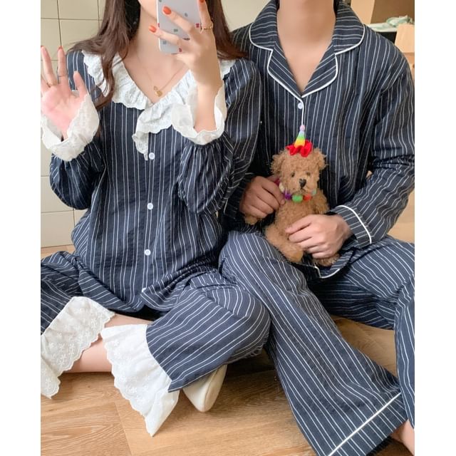 Couple Matching Pajama Set: Long-Sleeve Collar Striped Button Top + Pants (Various Designs)