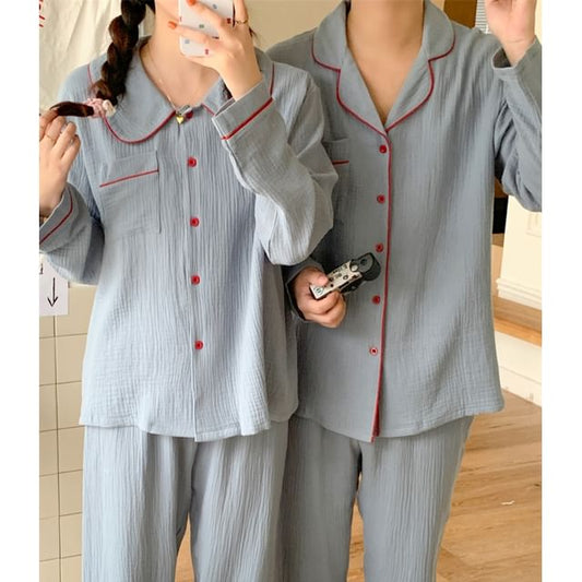 Couple Matching Pajama Set: Long-Sleeve Collar Contrast Trim Button Top + Pants (Various Designs)